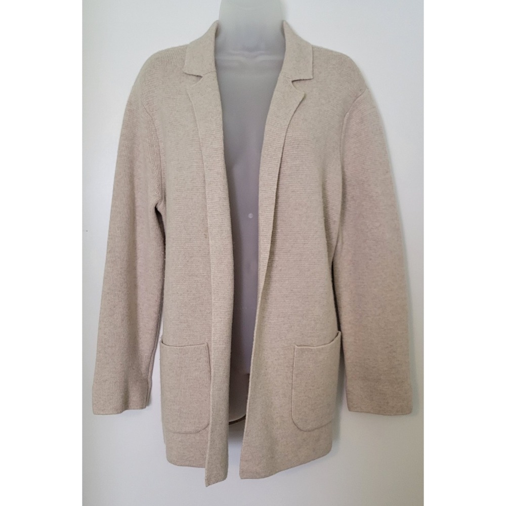 TALBOTS Wool Blend Sweater Cardigan Blazer Tan Open Front Knit WOMENS MEDIUM